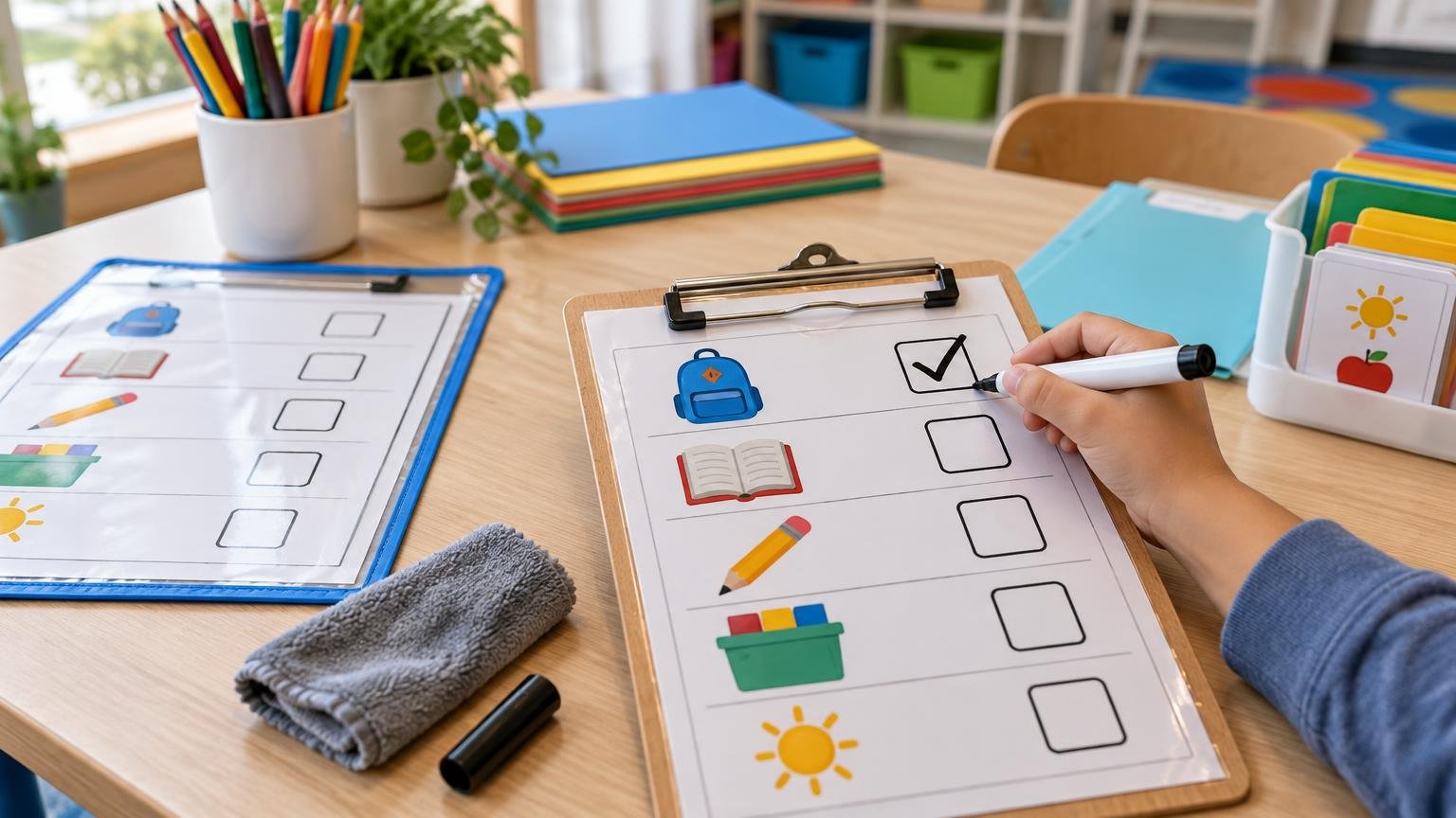A hand uses a dry-erase marker to check off a laminated picture checklist on a clipboard at a bright classroom table, with a cloth eraser, colored pencils, folders, and activity cards nearby.