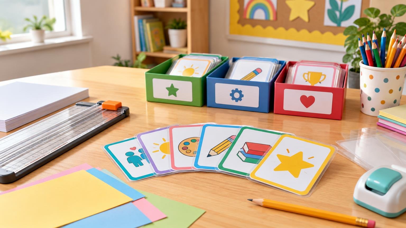 Bright classroom craft table with laminated illustrated reward cards, colored cardstock, a paper cutter, pencil cup, punch tool, and three organized bins of cards beneath a bulletin board.