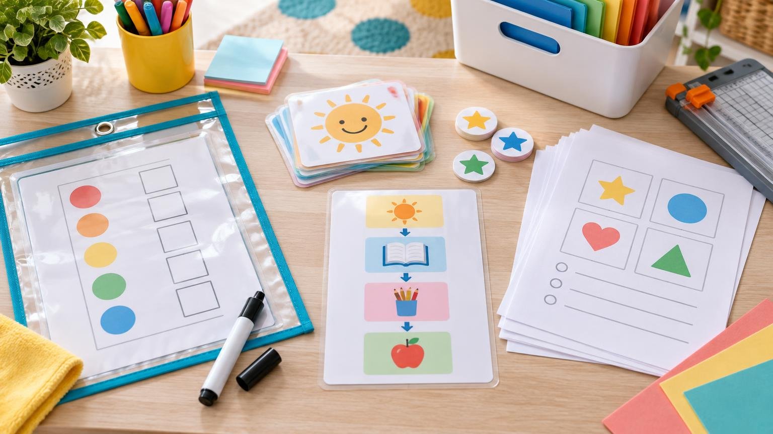 Bright overhead view of a classroom craft table with reusable dry-erase worksheets in a clear zip sleeve, laminated picture cards, loose shape worksheets, star counters, markers, cardstock, folders, and a paper cutter.