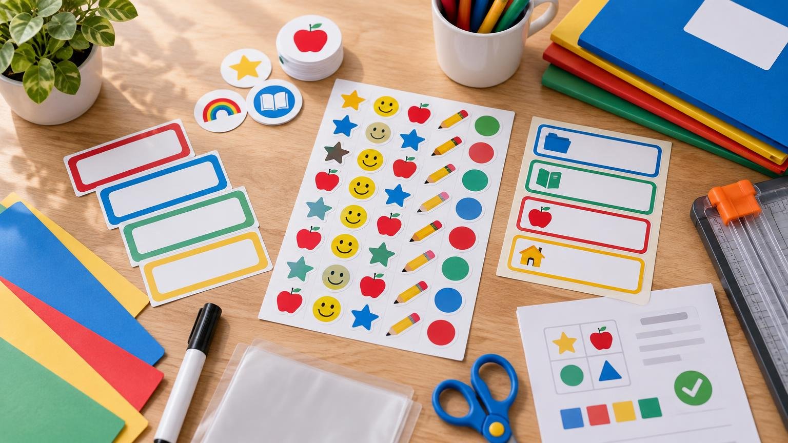 Overhead view of a tidy classroom craft desk with colorful blank label stickers, a reward-sticker sheet, cardstock, notebooks, scissors, a paper cutter, and pens.