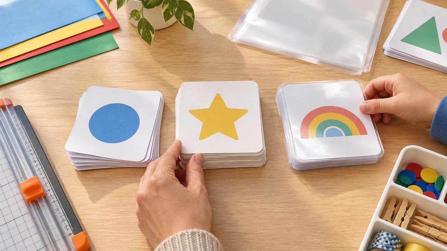 Overhead view of hands arranging three stacks of square flash cards with a blue circle, yellow star, and rainbow design on a wooden classroom craft table.
