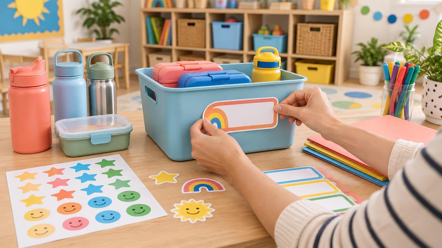 Adult hands apply a blank rainbow-bordered label to a blue classroom storage bin beside water bottles, lunch containers, colorful folders, and reward stickers on a table.
