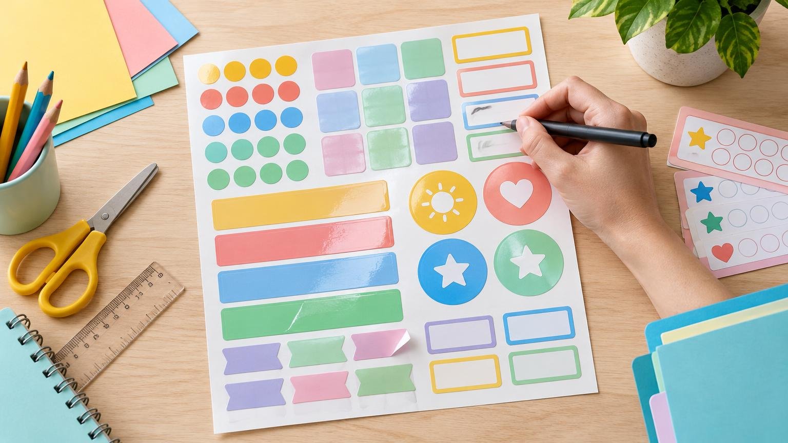 Overhead view of a hand using a black pen on a colorful sticker sheet with circles, label strips, stars, and heart designs on a desk with scissors, a ruler, colored paper, pencils, folders, and a potted plant.