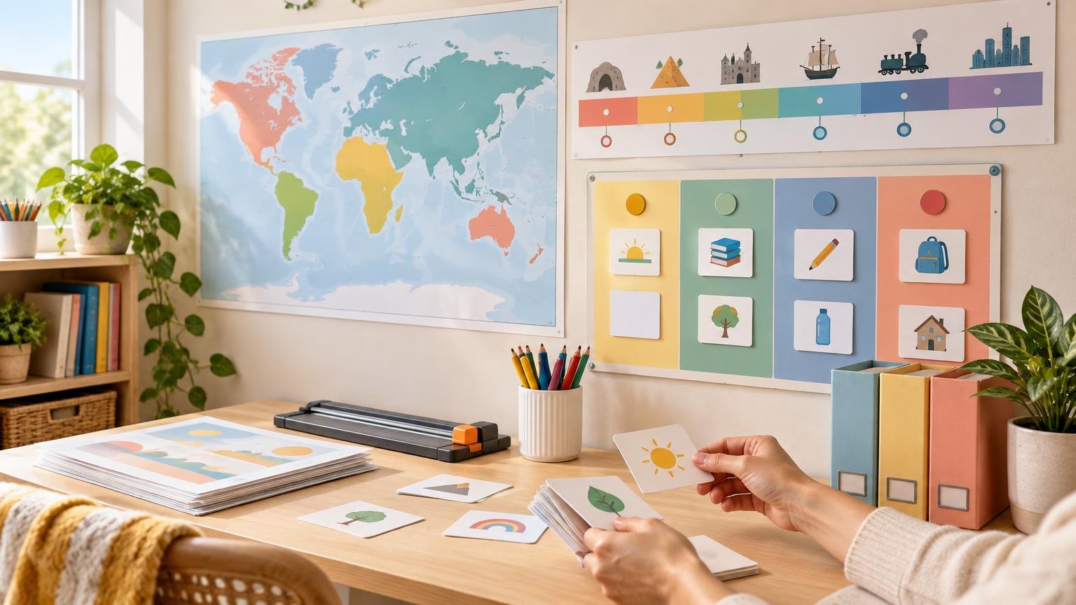 Bright homeschool workspace with a large pastel world map, colorful wall timeline and activity board, printed sheets, paper cutter, folders, pencils, plants, and hands sorting illustrated flash cards.