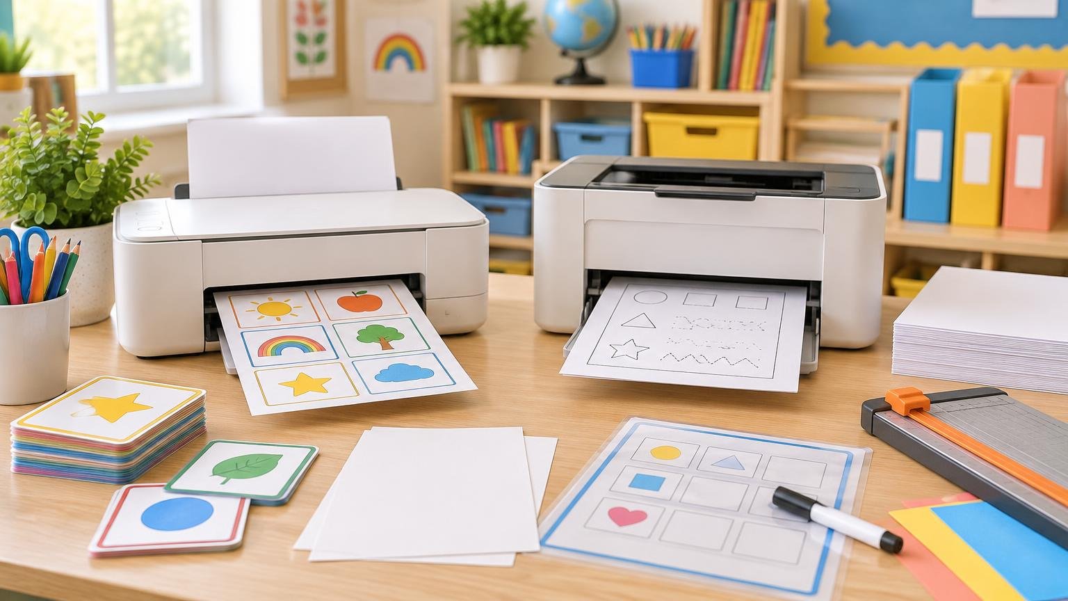 Two desktop printers on a classroom worktable print colorful picture cards and a black-and-white shape worksheet, surrounded by cardstock, reusable activity sheets, pencils, and a paper cutter.