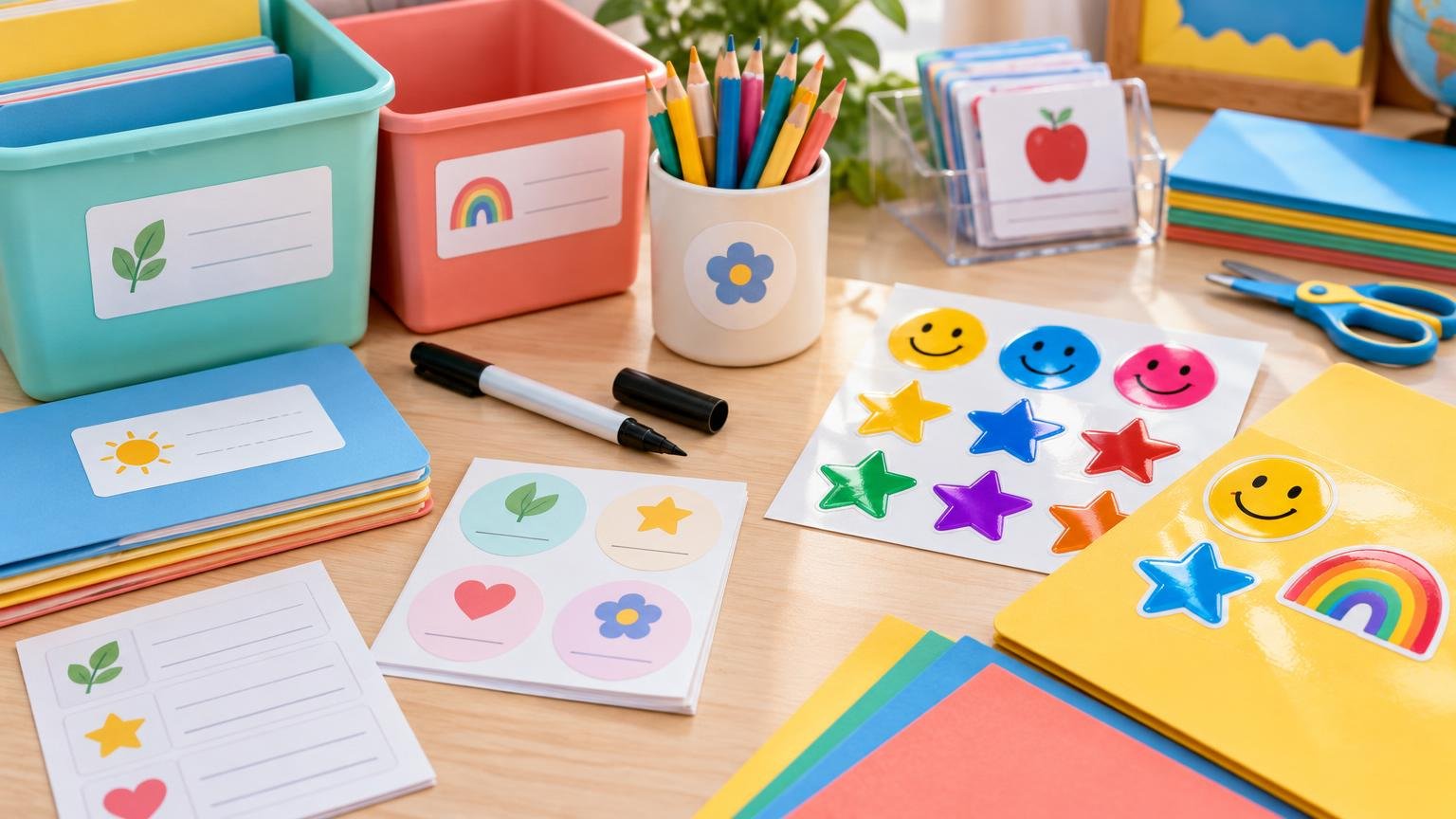 Colorful classroom workspace with labeled storage bins, pencils, blank illustrated labels, folders, scissors, and a shiny sheet of star and smiley-face stickers.