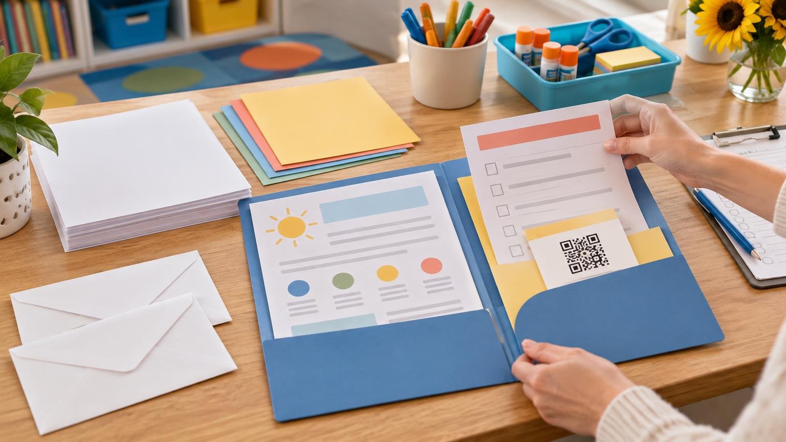A person organizes a blue folder containing colorful parent handouts, a checklist sheet, and a card with a QR code on a classroom-style table with paper, envelopes, markers, glue sticks, scissors, and cardstock.