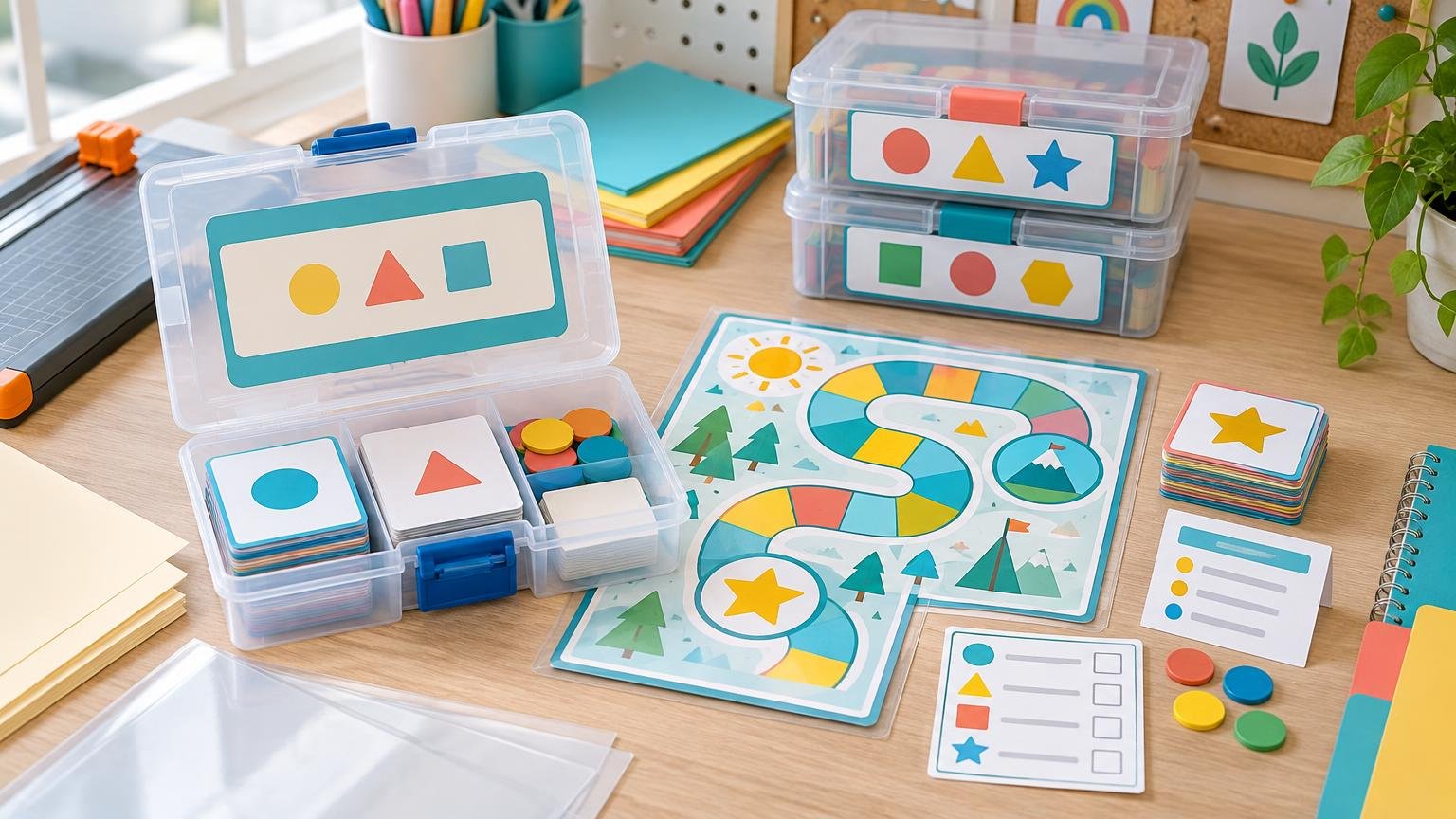 Bright classroom workspace with clear plastic storage boxes holding colorful shape cards and game tokens, a laminated winding board game, a checklist sheet, stacked cards, folders, and a paper cutter.