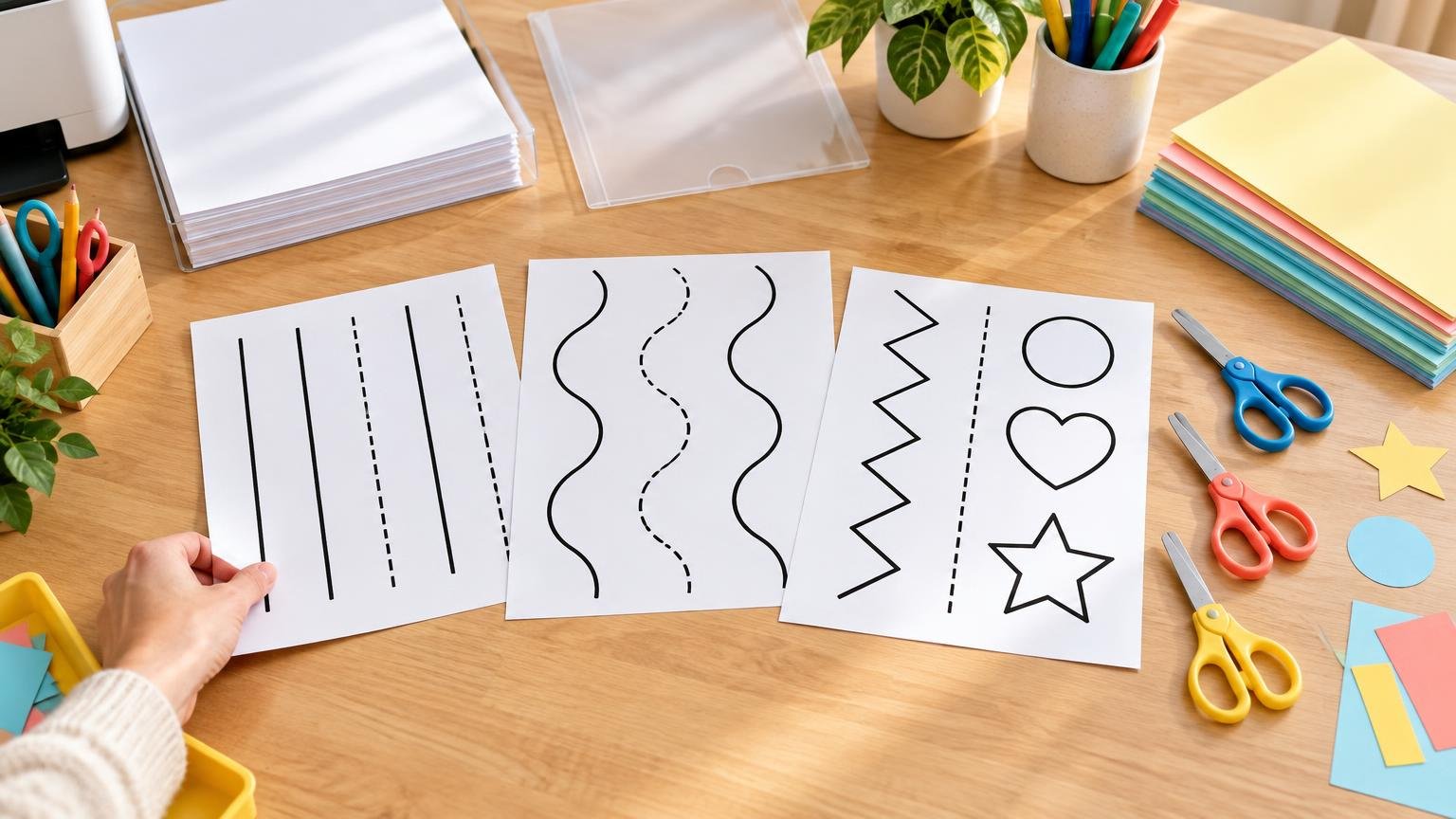 Overhead view of a tidy wooden craft table with three white scissor-practice worksheets showing straight, wavy, zigzag, dashed, and simple shape outlines, surrounded by colorful safety scissors, stacked colored paper, a printer, and a hand holding one sheet.