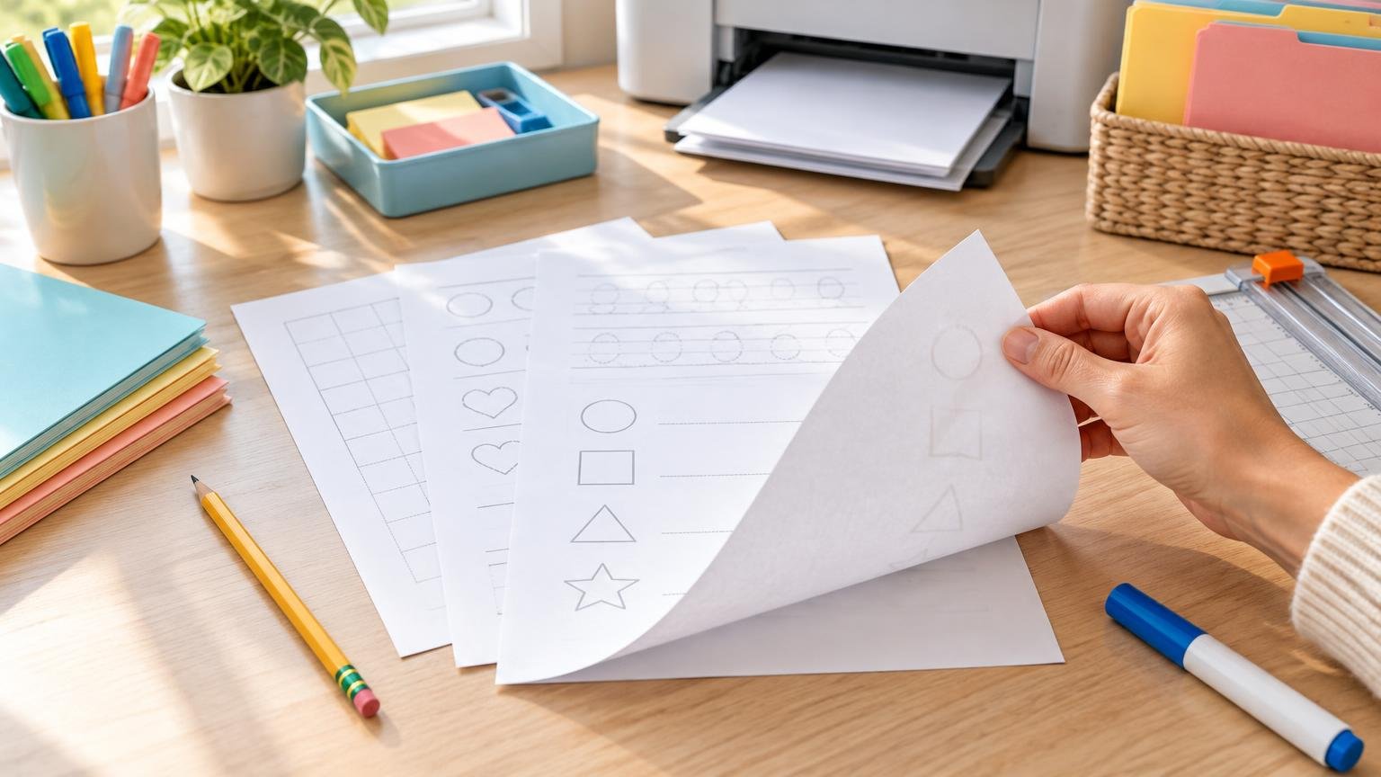A hand lifts a thin worksheet page over shape-practice sheets on a sunny desk, beside a printer, colored paper, markers, and a paper cutter.